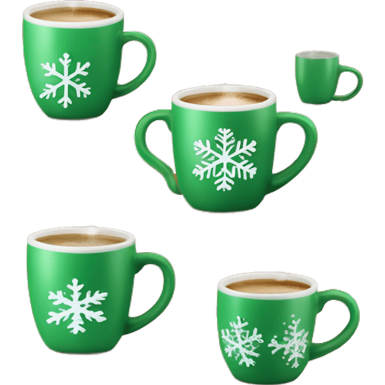 mugs with a hot drink decorated with snowflakes or a striped caramel stick. Steam rises from the mug in the shape of hearts. The color of the mug is warm red or green to convey the New Year mood emoji