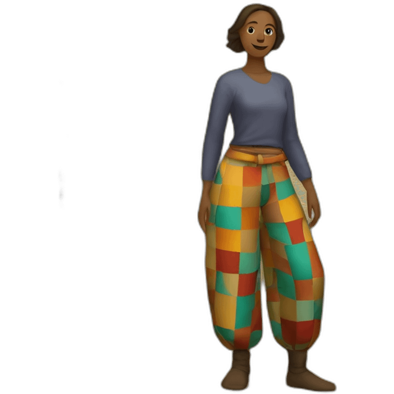 person wearing colorful pattern wide pants, medieval emoji