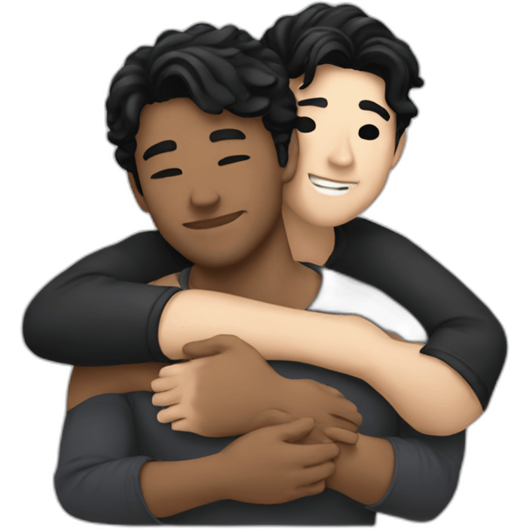 Gay hug between two white men with black hair emoji