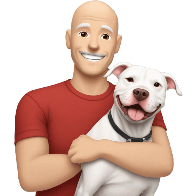 Grey male large pit bull smiling hugging bald white mature man with red tshirt emoji