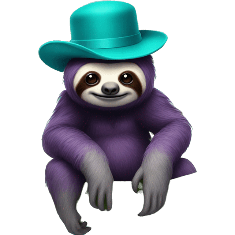 Purple sloth on a banana tree wearing a bowler hat that is turquoise with an evil face  emoji