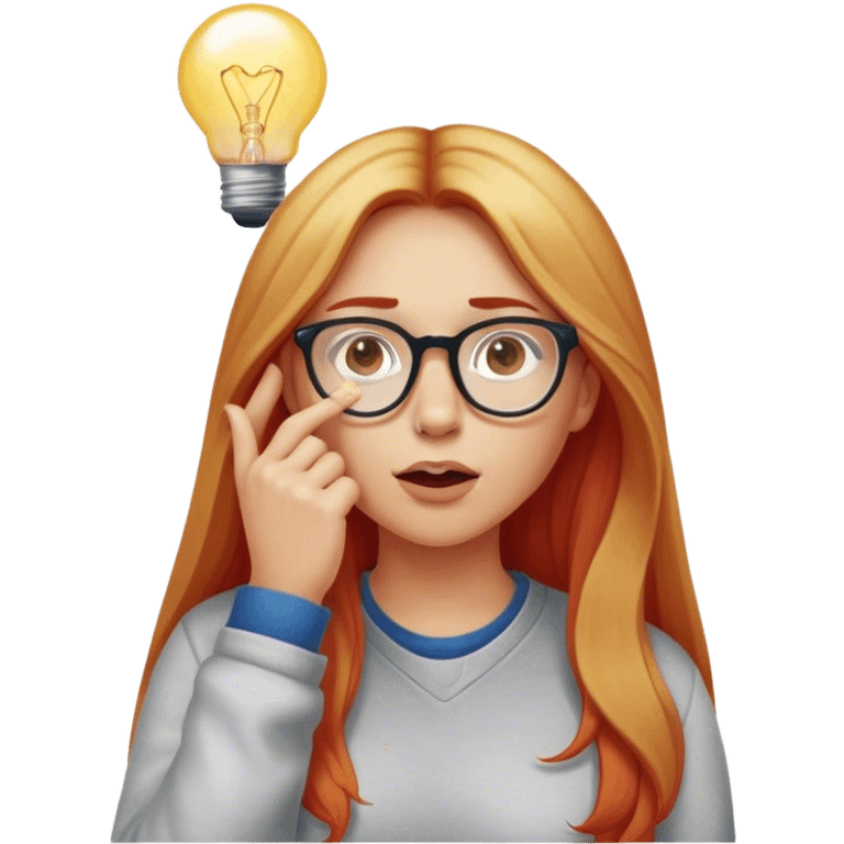 intelligent and clever, 30 year old, girl, long red and almost blond hair, glasses, has an brillant idea, rubs his nose, light bulb over the head, casual cloth  emoji