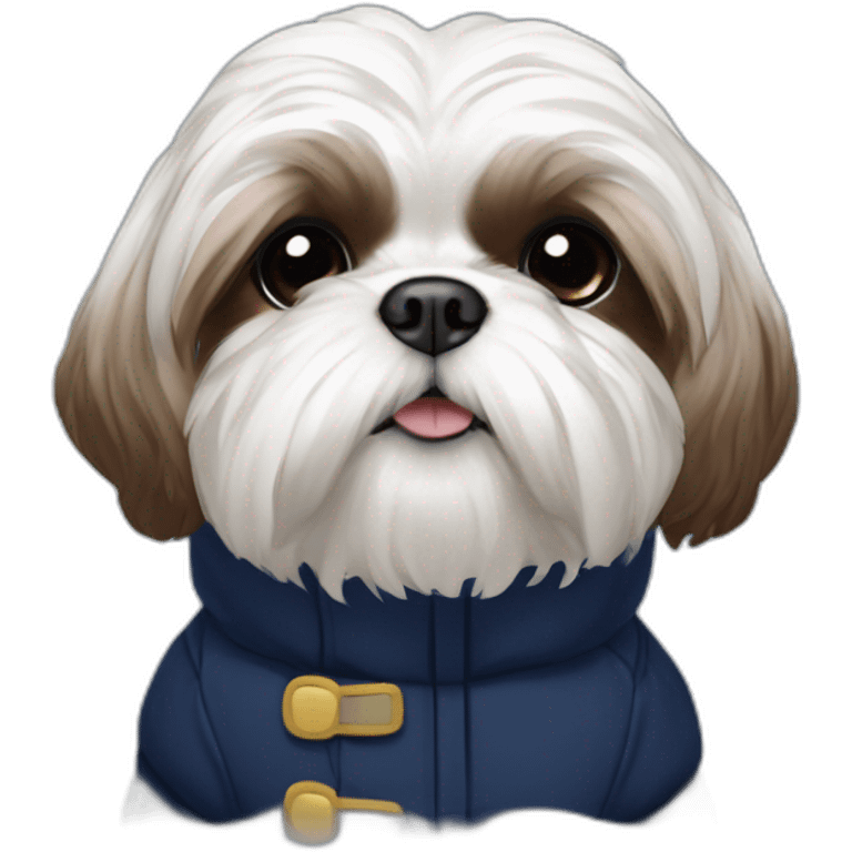 White and brown Shih tzu in navy blue puffer coat emoji