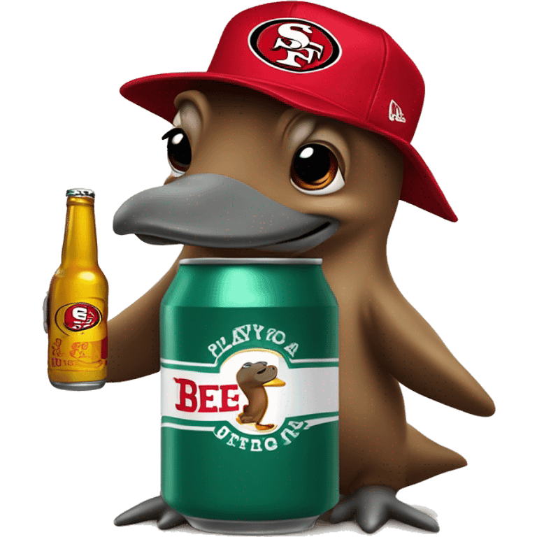 platypus in white 49ers hat and beer can emoji