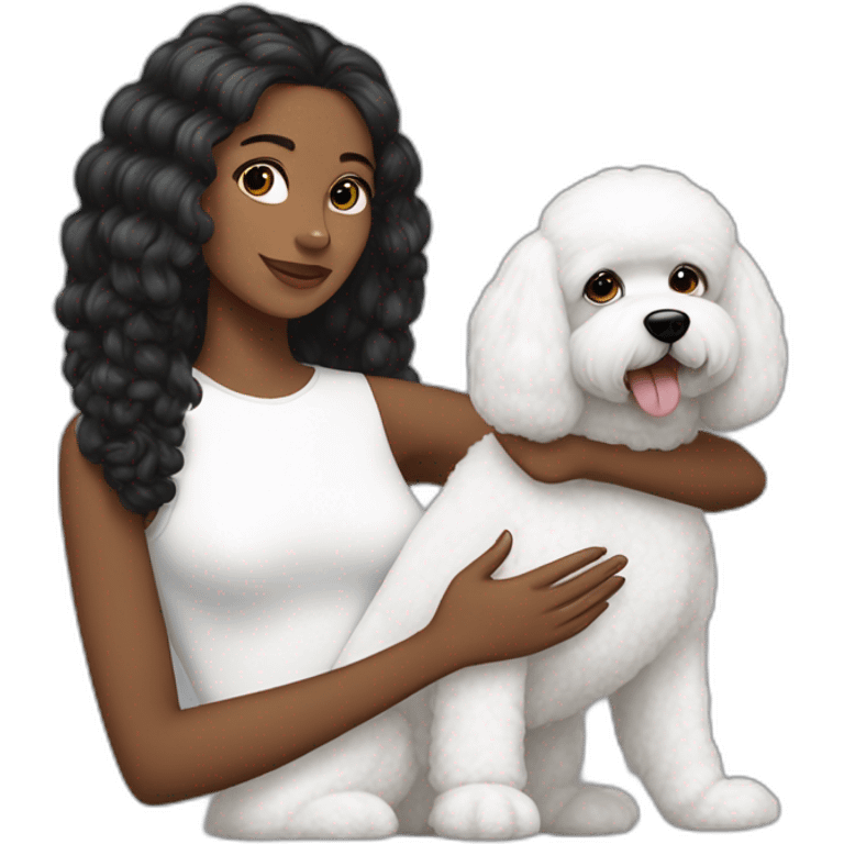 mujer pelo negro largo y perro bichon blanco emoji