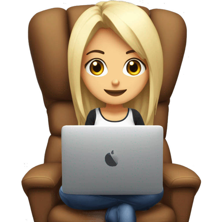 creame una chica anime sentada en una silla gamer negra jugando juegos en una PC emoji