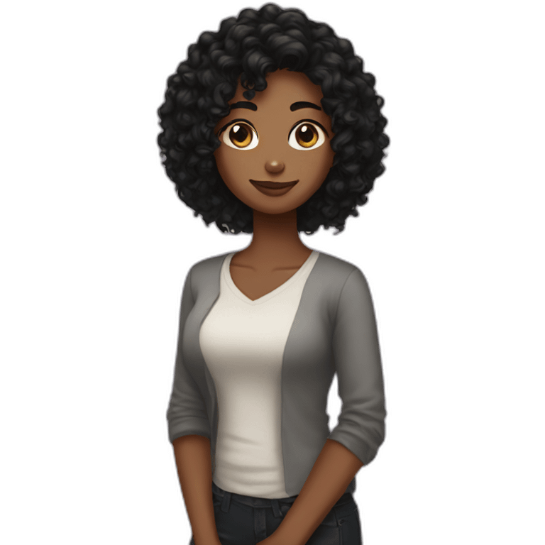 woman brown skin long black curly hair with black cat emoji