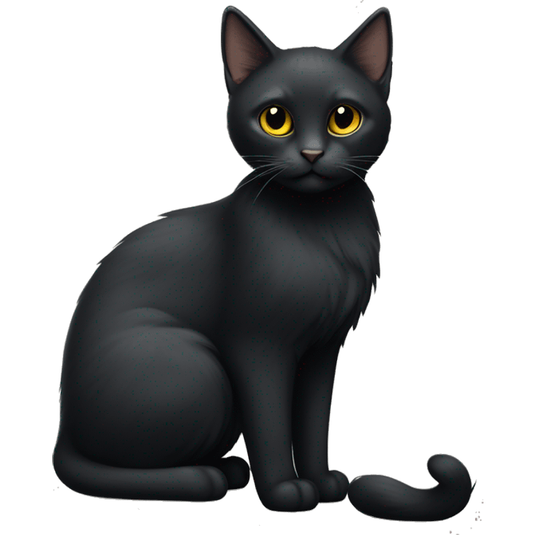 A petite, solid black sleek furred cat. Light yellow eyes. Black pointed tufts of long fur at only the very tip-top points of its ears. Fully body and no other color markings. Facing forward and standing with ears slightly tilted. emoji