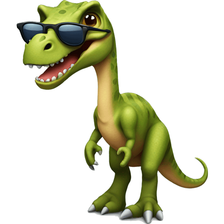 dinosaur standing with sunglasses on while having question mark next to him emoji