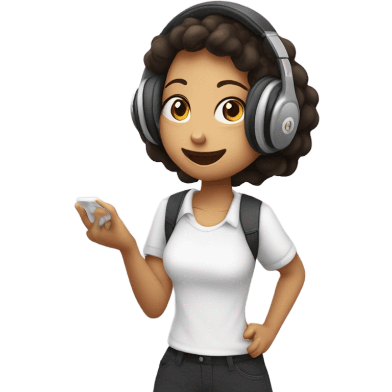 uma menina com uma camisa escrito "ANIMECASE" UTILIZANDO HEADPHONE ESCUTANDO MÚSICA E DANÇANDO emoji