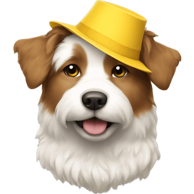 white and brown fluffy dog wearing a yellow paper hat emoji