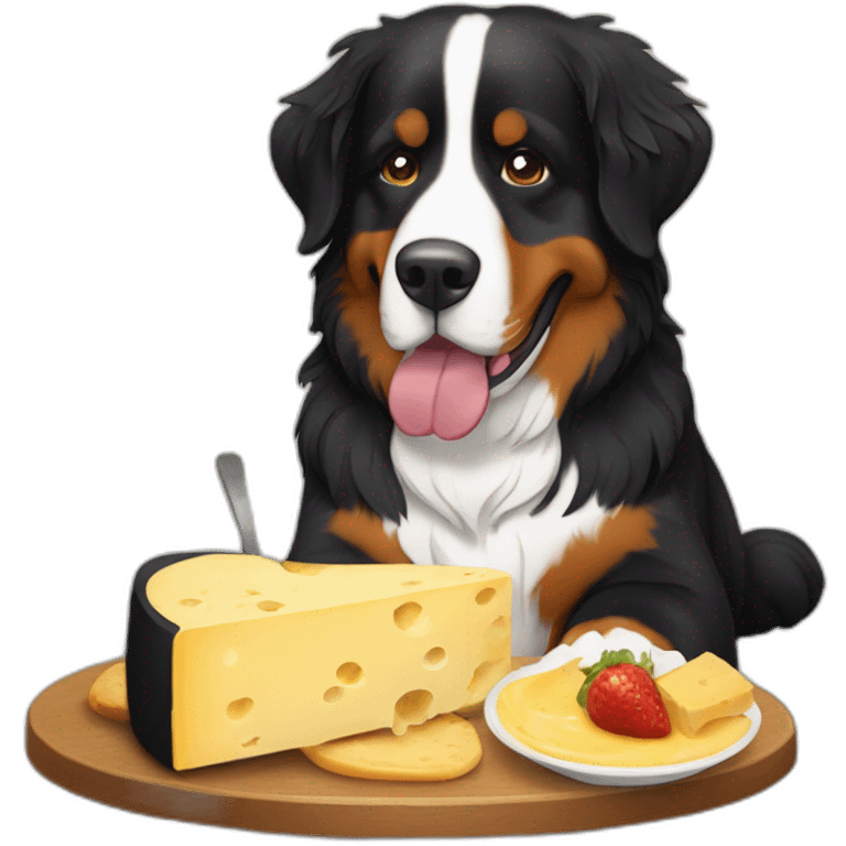 Bernese mountain dog eating a cheese fondue emoji