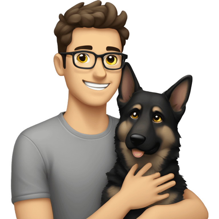 a handsome guy with dark brown hair, black thin stylish glasses and (grey eyes) hugging the grey german shepherd (yellow eyes) emoji