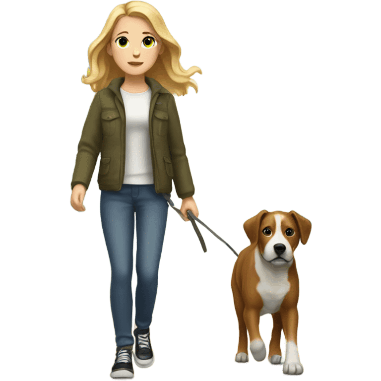 White girl walking dog on forest emoji