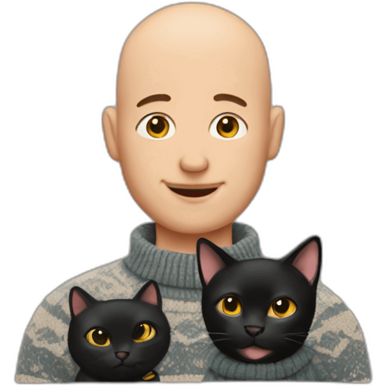 Bald man with funky sweater holding a black cat emoji