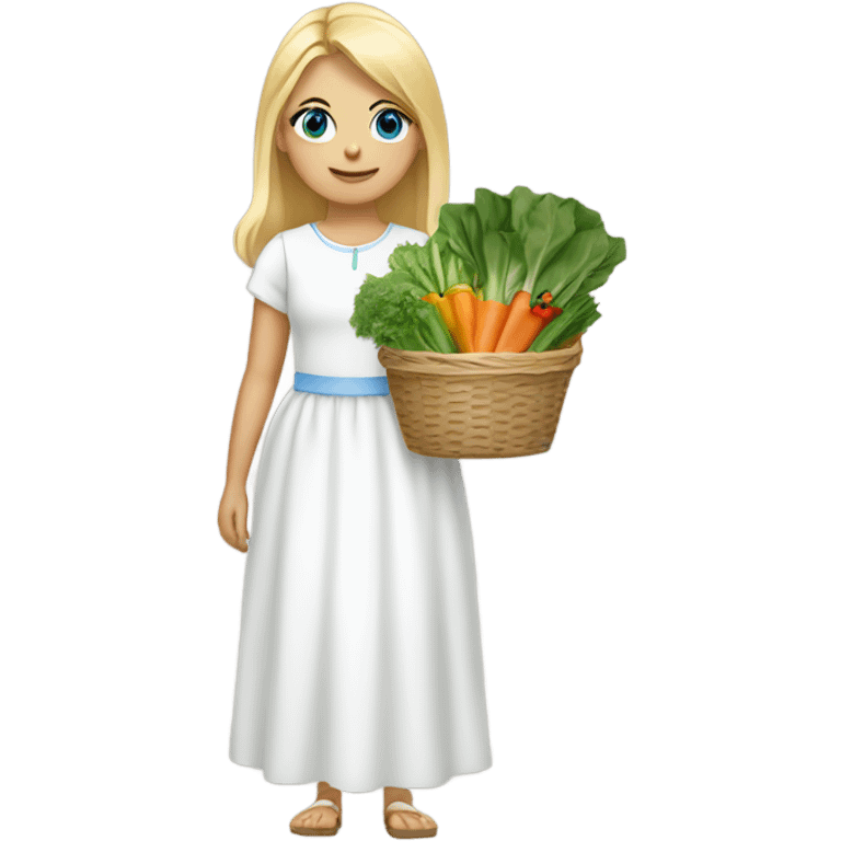 Girl with blonde hair and blue eyes wearing a white dress carrying baskets of vegetables and greens emoji