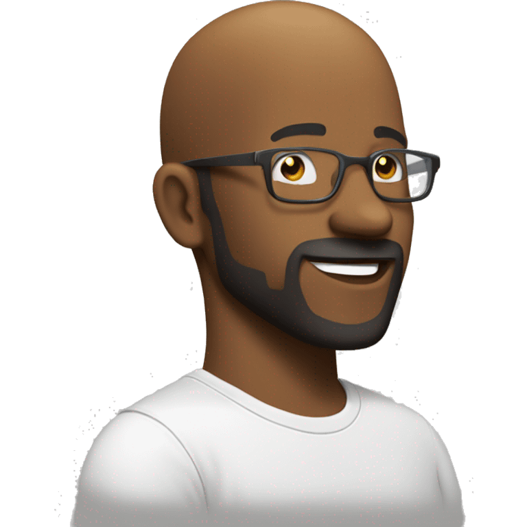 show the side view of Bald- black man-with-glasses-with scruffy -beard in t shirt smiling emoji