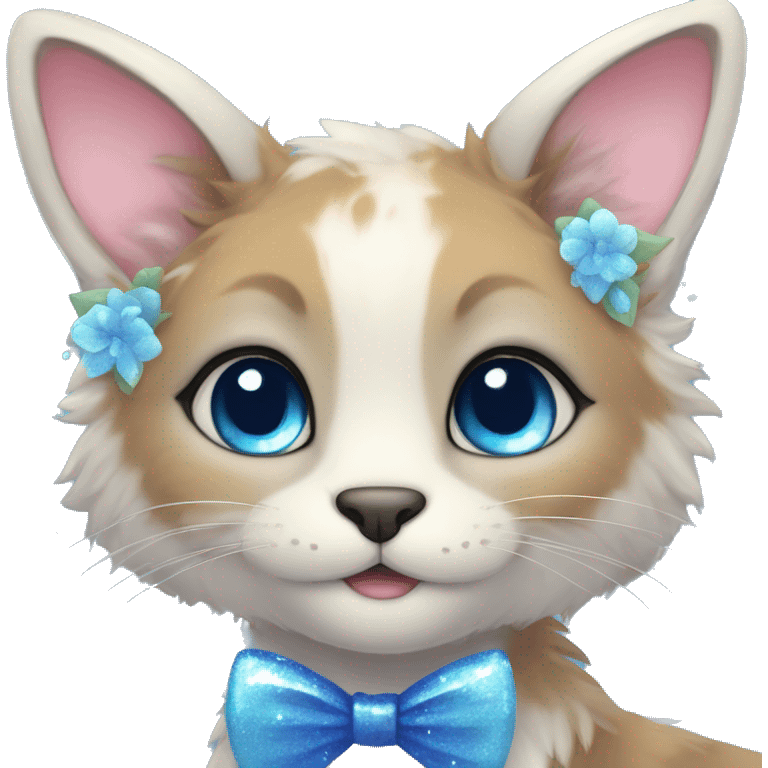 Anthro Cute Cool Kawaii gorgeous sparkly ethereal fantasy animal creature with blue eyes furry sona with flowers and bow tie beautiful aesthetic emoji