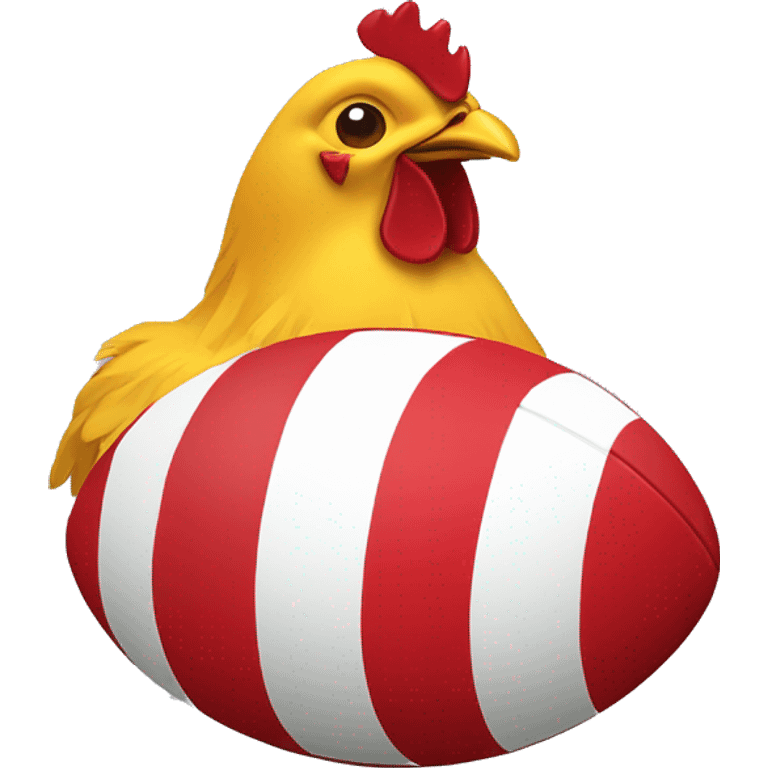 rugby ball French, with a small red chicken in the middle emoji