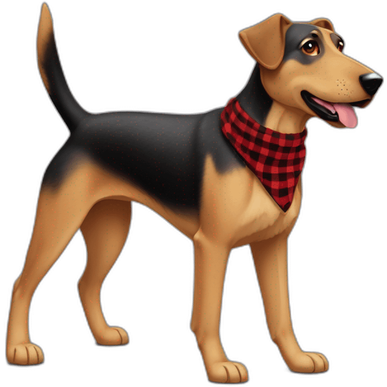 adult 75% Coonhound 25% German Shepherd mix dog with visible tail wearing small pointed red buffalo plaid bandana full body walking left quickly emoji