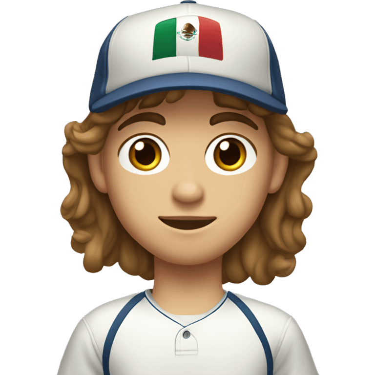 Teenager boy type mexican, White skin, with baseball cap backwards with wavy brown hair (Which go down behind to the nape of the neck), Little bit dezoom emoji