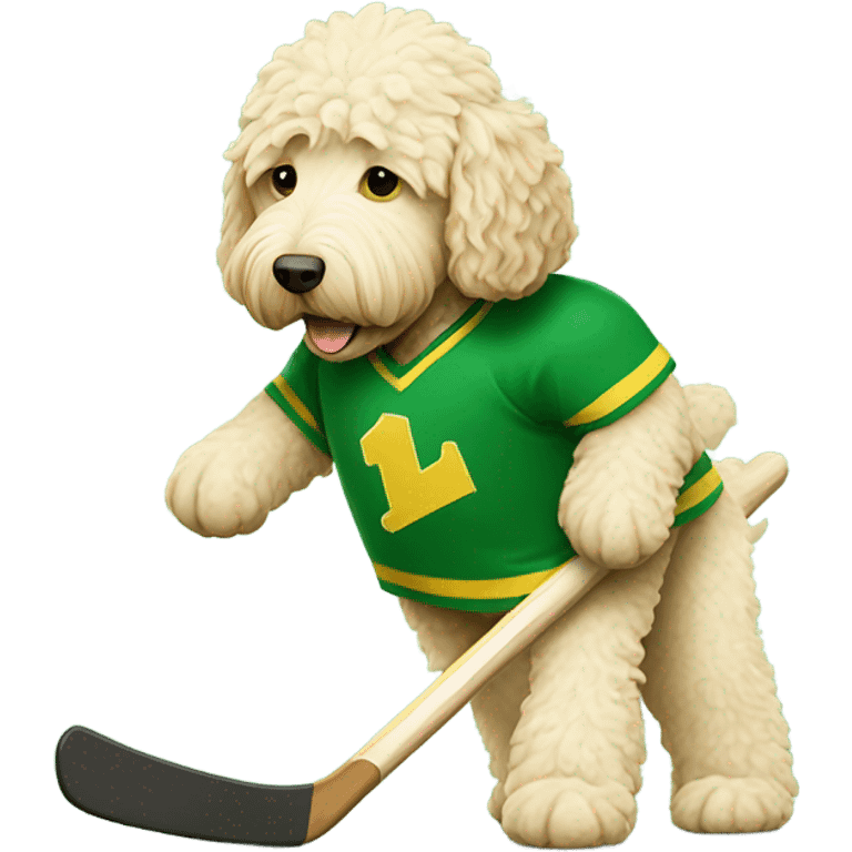 Cream labradoodle playing hockey in a green and yellow jersey  emoji