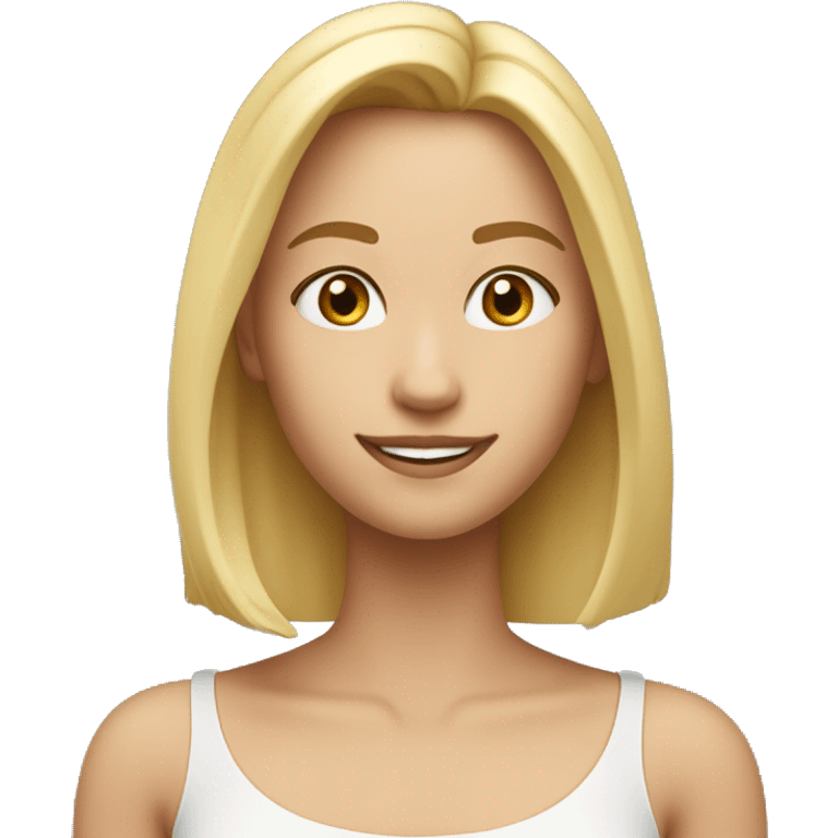 Hair: Blonde, straight, shoulder-length.
Eyes: Warm and expressive.
Expression: Friendly smile.
Face shape: Oval with gentle features.
Skin tone: Light with a healthy glow.
Clothing: Simple blouse in a soft color. emoji