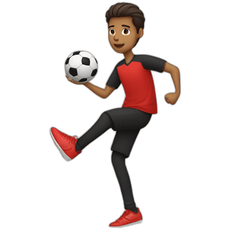 brown man juggling soccer ball, red shirt, black trousers, sneaker shoes, short hair, soccer ball,  emoji