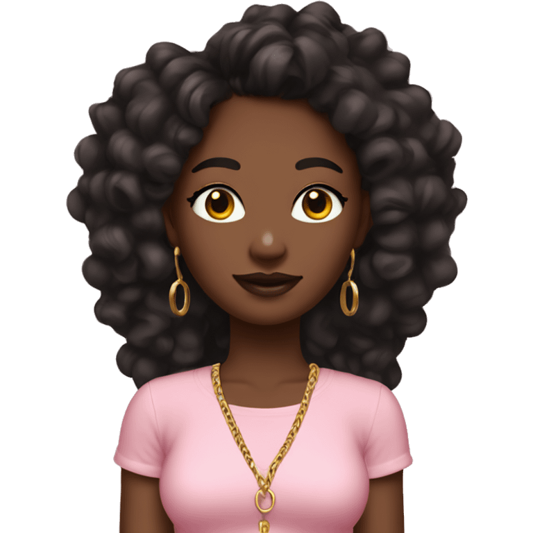 medium to dark black teenie with brown braids + make up and gold hoops in a pink ruffle shirt emoji