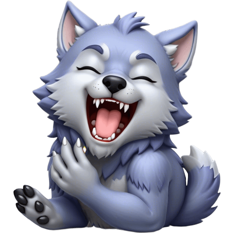 Cinematic Cute Yawning Werewolf Portrait Emoji, with a cuddly, miniature lupine form in soft moonlit grays and silvers, head leaning back in a big, adorable yawn that reveals a few fuzzy teeth, simplified yet irresistibly charming, highly detailed with a soft glowing outline that captures the drowsy, playful essence of a werewolf mid-nap! emoji