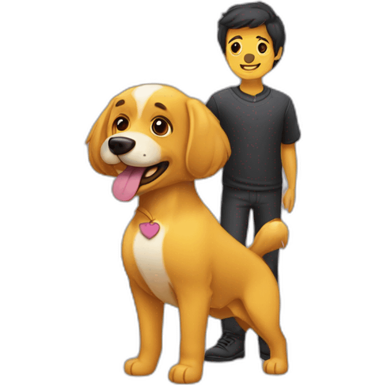 Una pareja acompañada de un perro pequeño peludo amarillo emoji