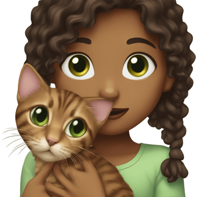 Long, dark brown, curly haired girl with hazel eyes kissing a brown tabby cat with green eyes on its head emoji