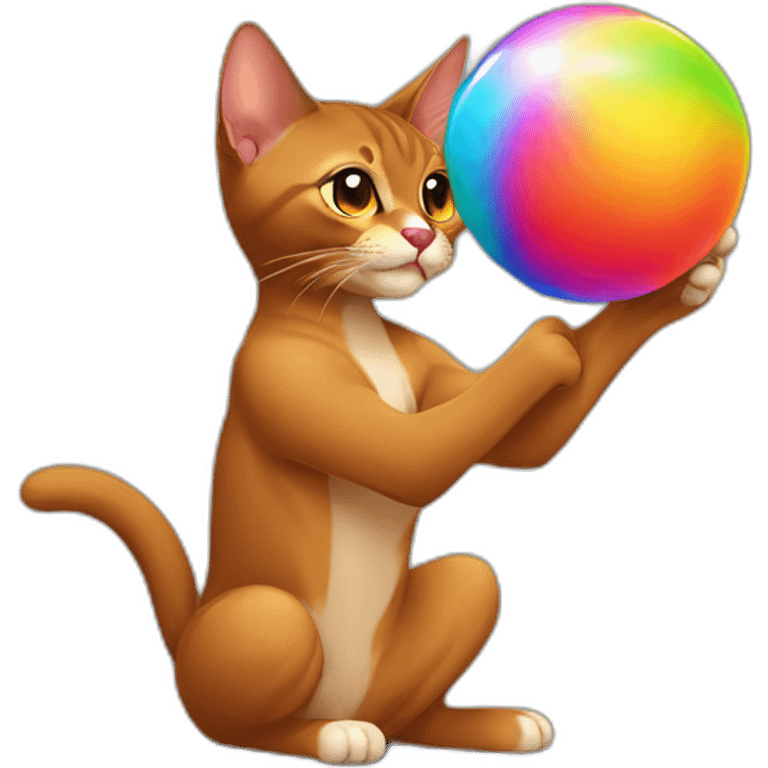 Abyssinian cat playing with a colorful fur ball emoji