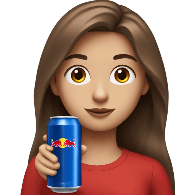 Girl with blue eyes long brown hair holding Red Bull drink emoji