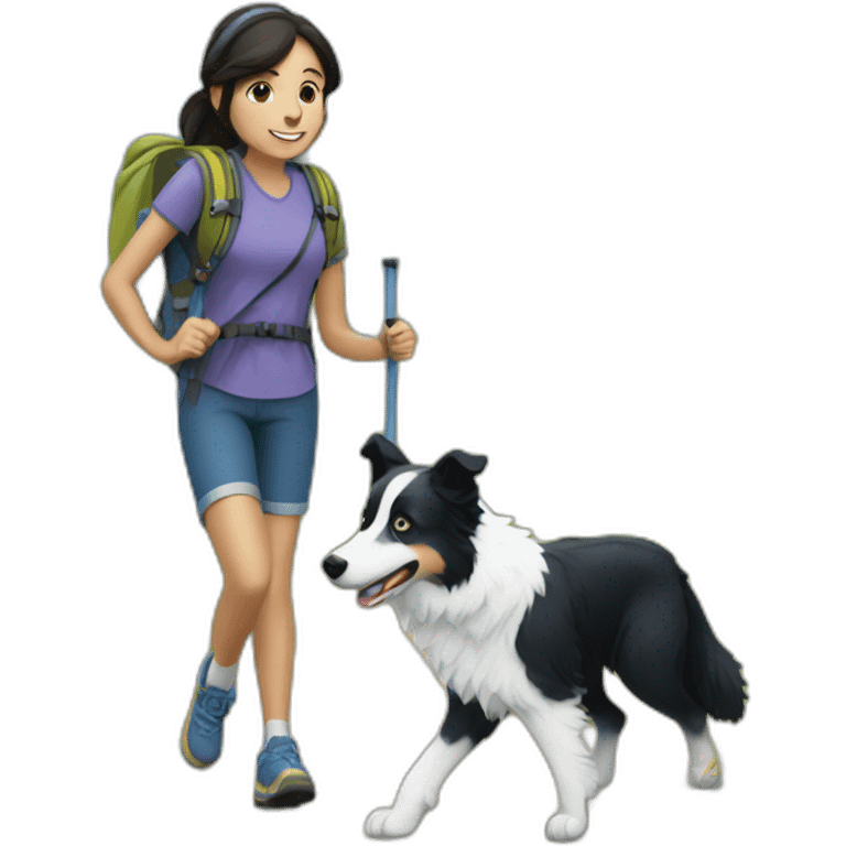 A girl hiking with a adult Blue and white border collie emoji