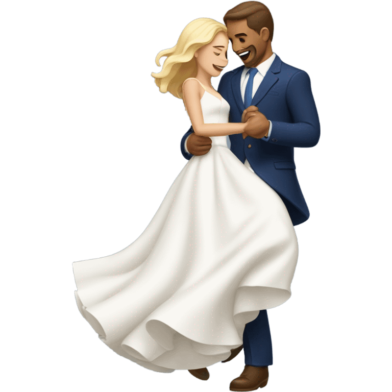 Puerto rican beard short brown hair with blue hat and navy blue suit first dance with blond long hair girl with white  wedding dress  emoji