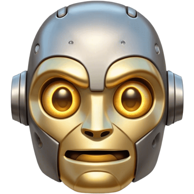 Cinematic Cute Mighty Iron Golem Portrait Emoji Head tilted playfully and inquisitively, featuring a sleek yet sturdy metal form with smooth, polished steel plating and glowing golden engravings, accented by faintly humming energy veins that pulse with life; rendered with lifelike clarity and soft, natural reflections, high shine, charming yet robust, styled with a touch of whimsical fantasy, soft glowing outline, capturing the essence of a watchful yet endearing golem, as if it might shift its massive head with a slow, thoughtful nod at any moment! emoji