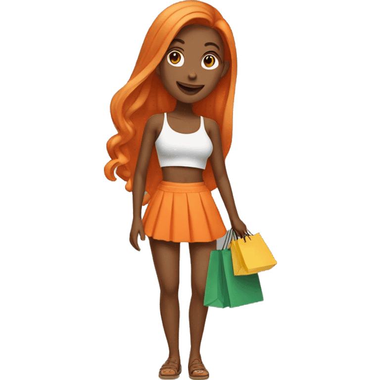 Tan girl with long orange hair wearing a mini skirt and crop top outfit holding shopping bags emoji