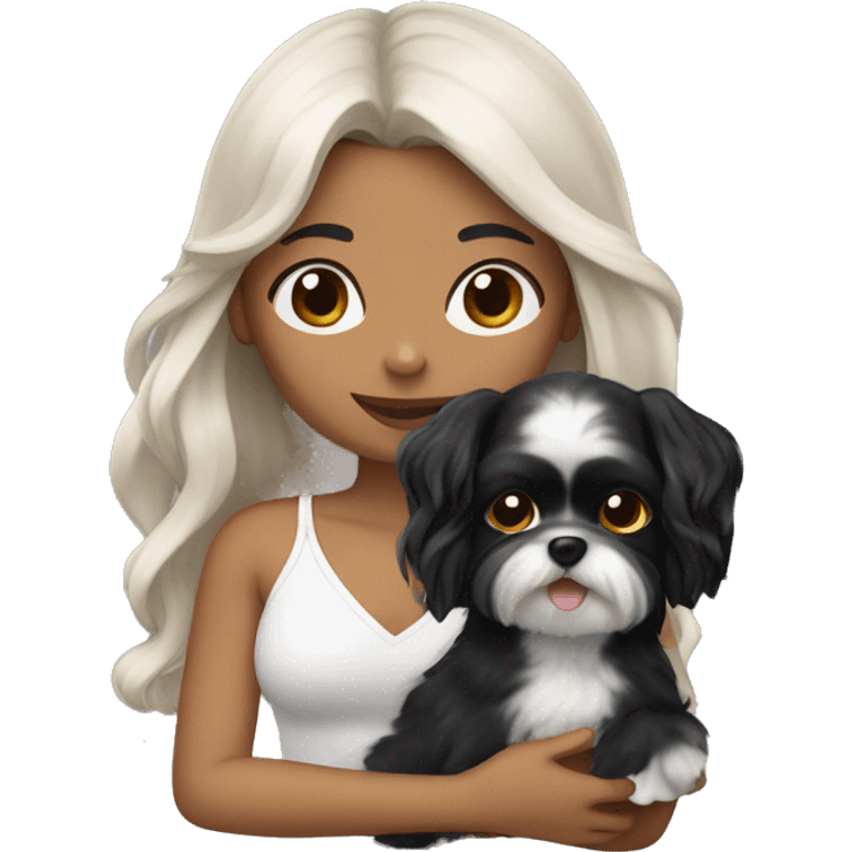 TAN SKIN GIRL with long black wavy hair and bangs holding her black and white shitzu  emoji