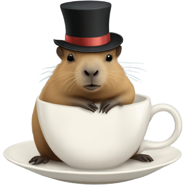 A tiny, adorable capybara wearing a miniature top hat, sitting by a tiny teacup in a whimsical forest setting, hyper-realistic, 4k, soft lighting."   emoji