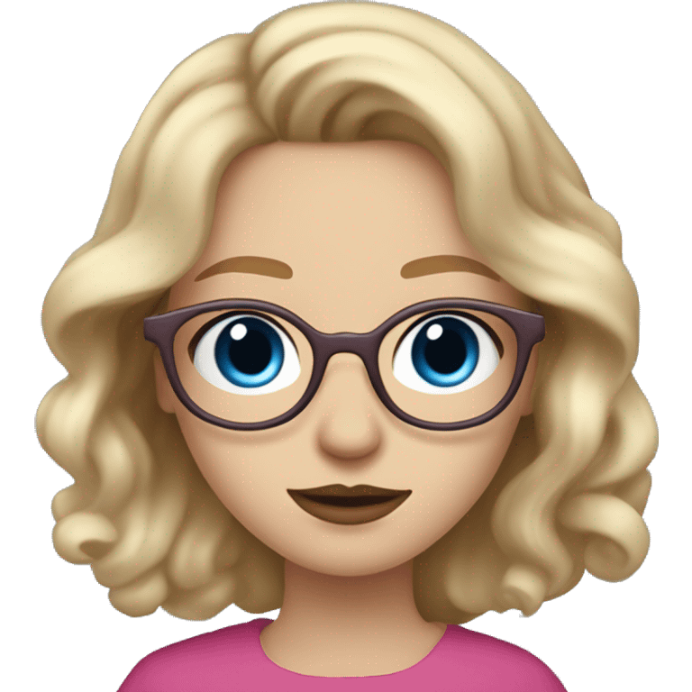 young woman with pale skin, blushed cheeks, big BLUE eyes, brown round glasses, thin lips, long wild blond wavy hair. The yes are blue and lips are dark pink emoji