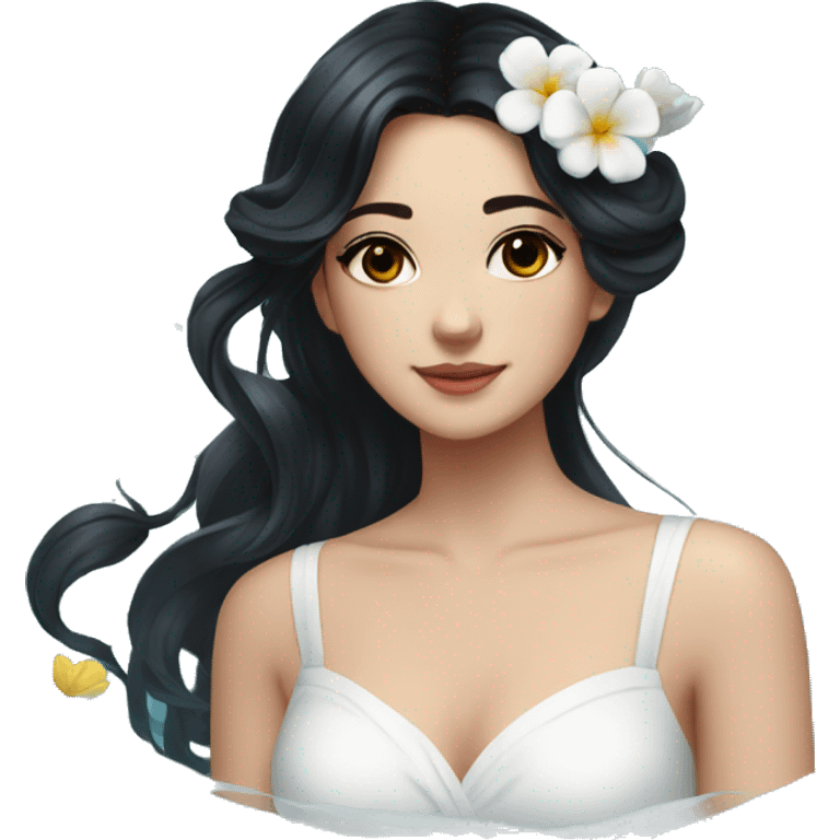 Pretty young Lady with black hair flowers in hair white dress surrounded by flowing water emoji