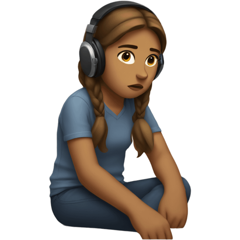 Girl sitting on horse with headphones on looking sad emoji