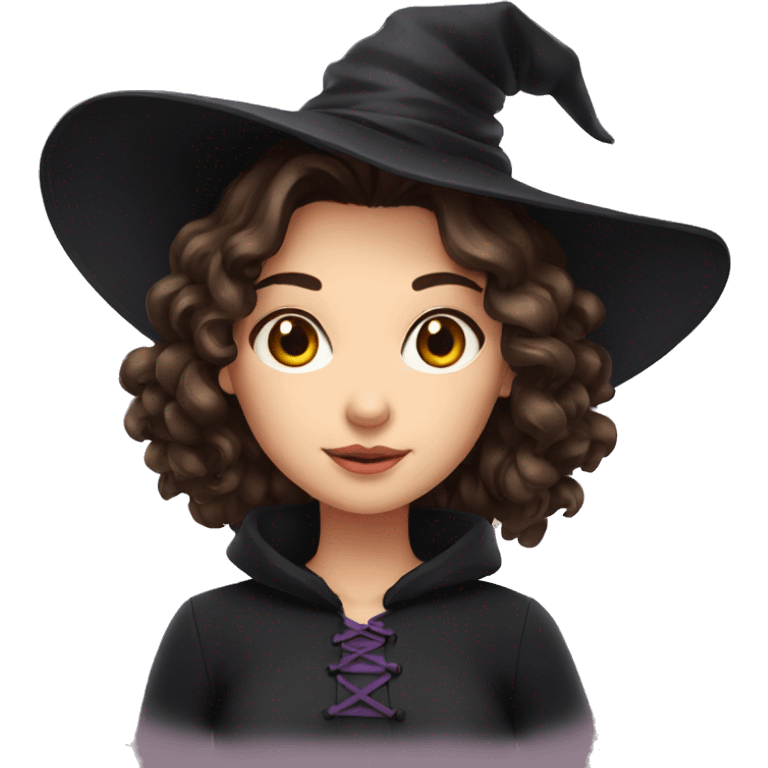 European girl, beautiful brunette, witch emoji