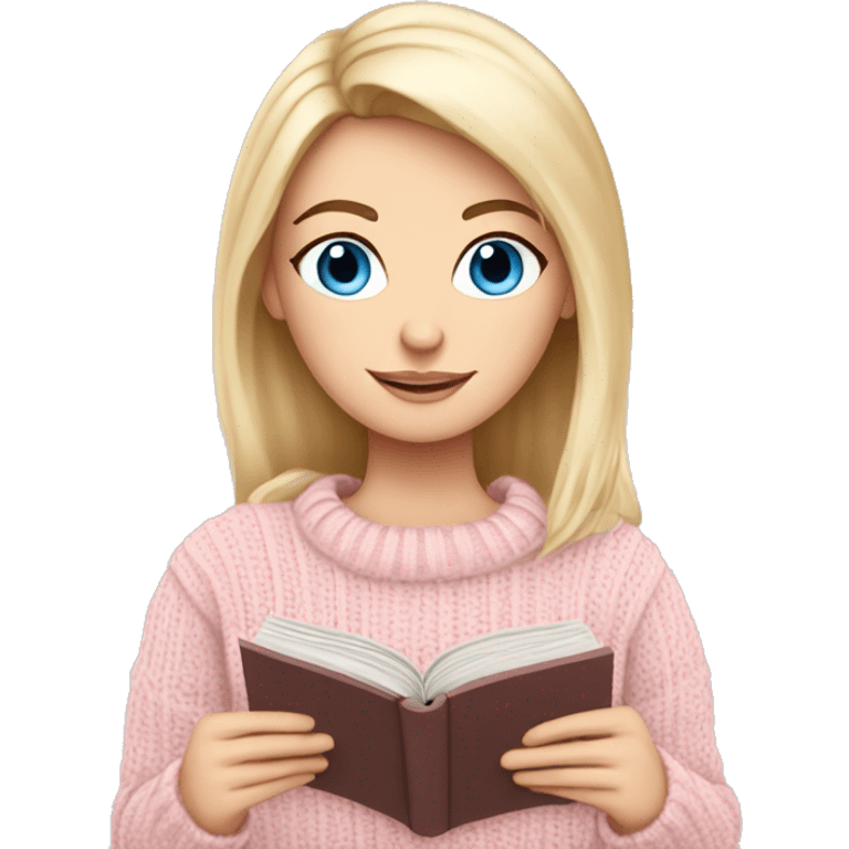 Pretty blue eyed white girl with light pink sweater reading cozy emoji