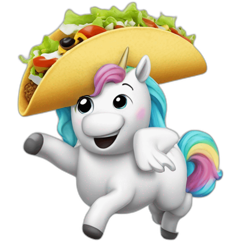 unicorn doing the cha-cha while eating a taco in zero gravity, with a surprised expression because it just discovered that the taco is actually a hologram emoji