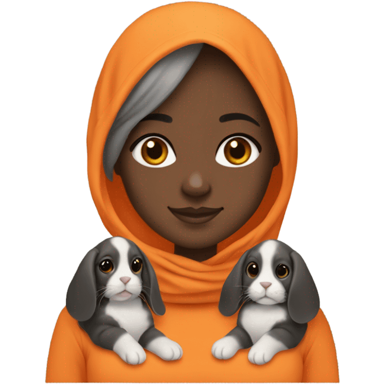 Black Muslim girl holding her 3 cute orange, gray, and mix colored holland lop emoji