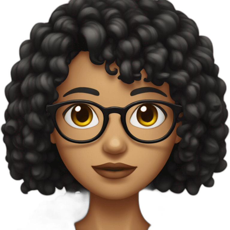 Chica con cabello rizado color negro, piel morena y que use lentes y sus ojos sean color negro también   emoji