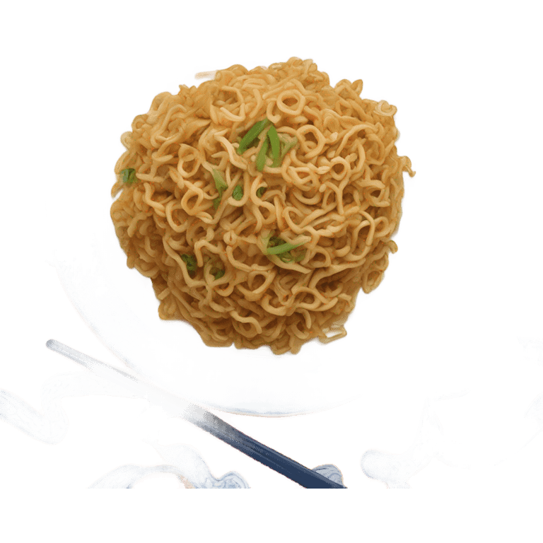 Chinese fried noodle in white and blue plate with orange spoon emoji