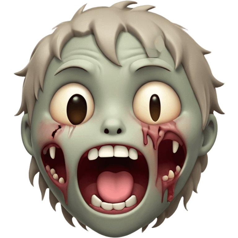 Cinematic Cute Yawning Zombie Portrait Emoji, with a delightfully quirky, slightly disheveled face in muted ashen tones, head tilted back in a big, funny yawn that reveals quirky stitches and playful gaps, simplified yet irresistibly charming, highly detailed with a soft, eerie glowing outline capturing the sleepy, offbeat vibe of a zombie taking a nap! emoji